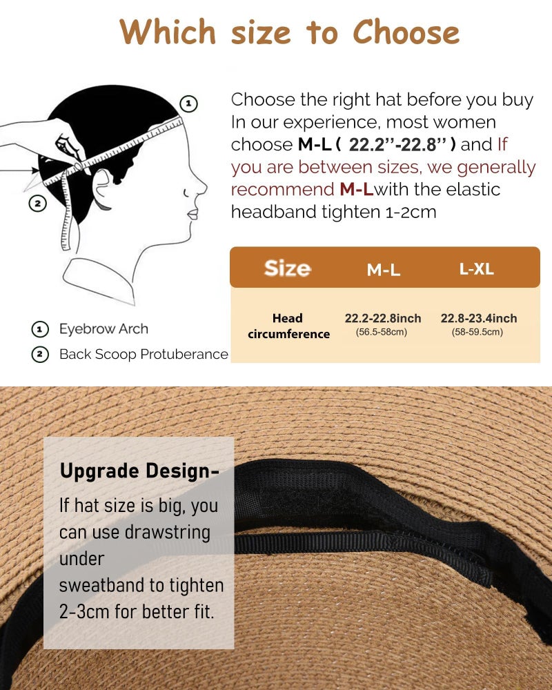 FURTALK Sun Hats for Women Men Panama Hat Wide Brim Fedora Straw Beach Hat UV UPF 80+ Beach Vacation Essentials Black - Image 3