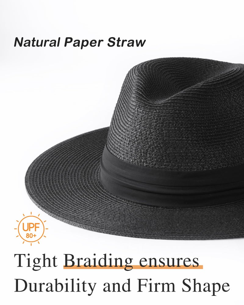 FURTALK Sun Hats for Women Men Panama Hat Wide Brim Fedora Straw Beach Hat UV UPF 80+ Beach Vacation Essentials Black - Image 2
