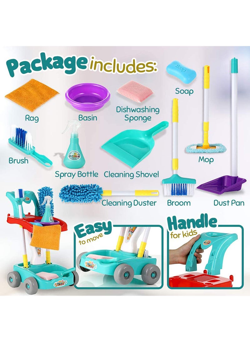 Kidwala cleaning trolley set for kids housekeeping pretend tools 12 Pcs cleaning blue set for Boys & Girls with adjustable handle cleaning supplies - Image 3