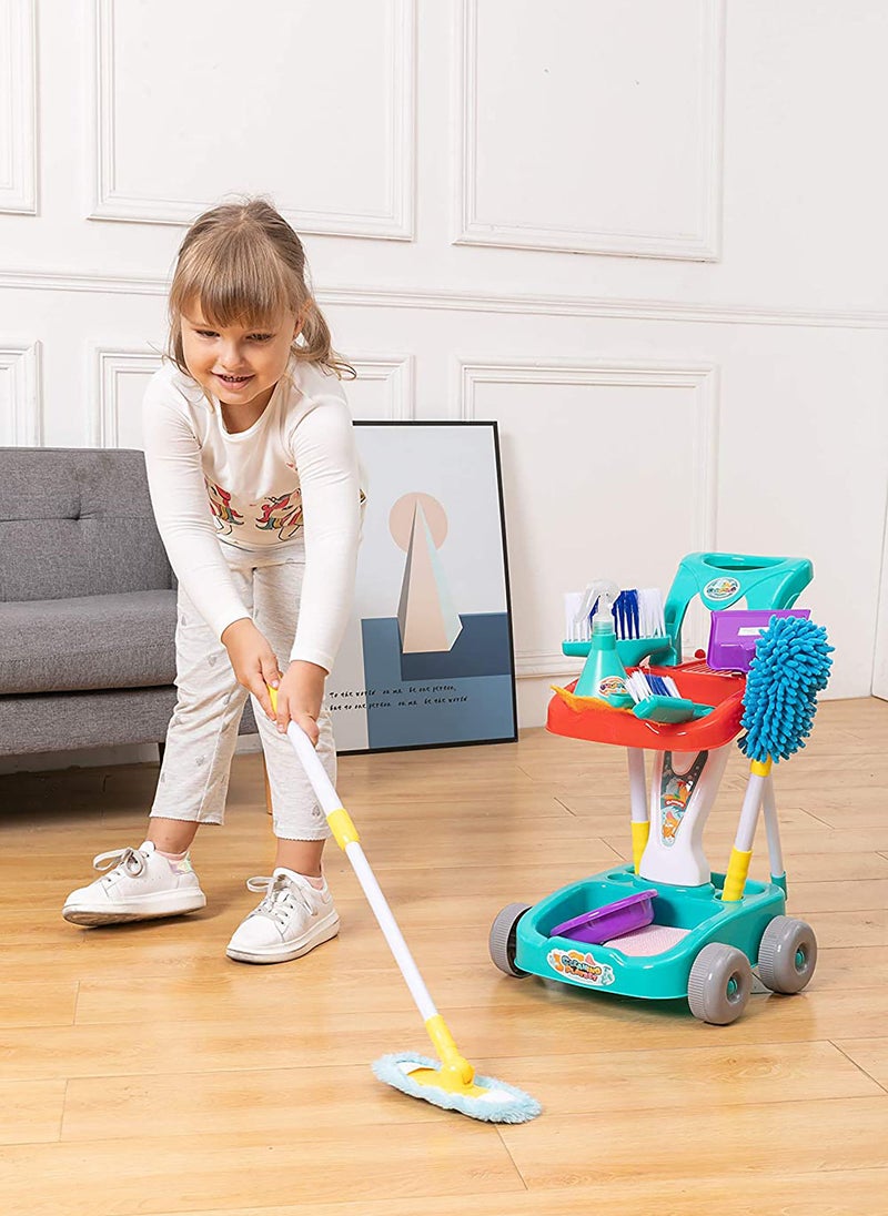 Kidwala cleaning trolley set for kids housekeeping pretend tools 12 Pcs cleaning blue set for Boys & Girls with adjustable handle cleaning supplies - Image 2