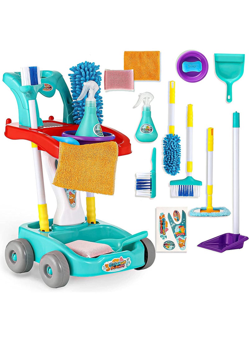 Kidwala cleaning trolley set for kids housekeeping pretend tools 12 Pcs cleaning blue set for Boys & Girls with adjustable handle cleaning supplies - Image 1