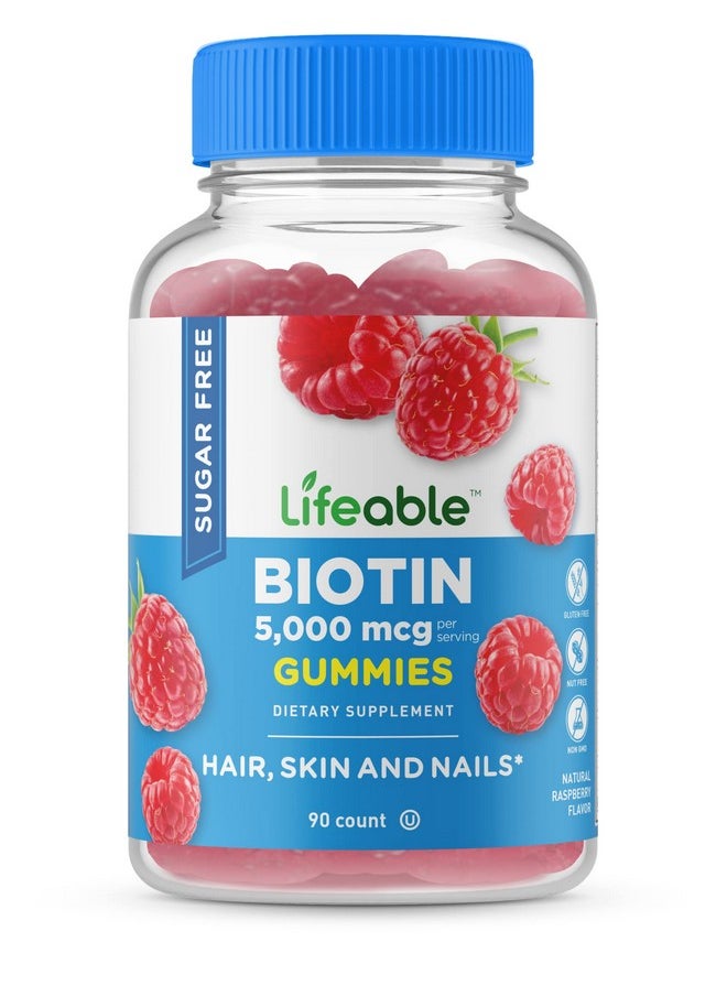 Lifeable Sugar Free Biotin Gummies 5000Mcg Great Tasting Natural Flavor Supplement Vitamins Vegetarian Gmo Free Chewable For Hair Skin And Nails Support For Men Women And Teens 90 Gummies  - Image 1