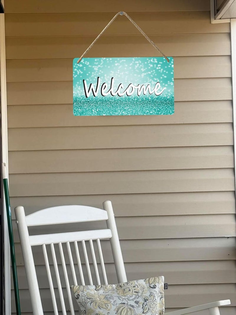 ARS Graphics ARS® Turquoise Green Teal Sparkle Wooden Door Sign - Rustic Hanging Welcome Sign for Home Office Decor, 6x12 Inches - Image 2