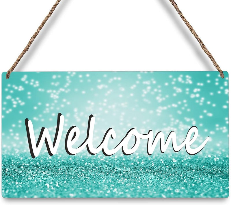 ARS Graphics ARS® Turquoise Green Teal Sparkle Wooden Door Sign - Rustic Hanging Welcome Sign for Home Office Decor, 6x12 Inches - Image 1