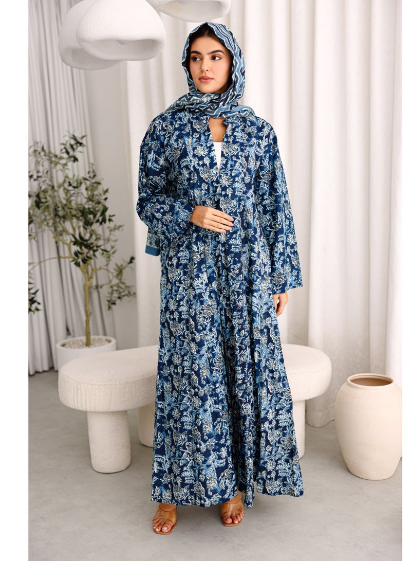 اكسا عباية نقوش ورود حديقة ازرق - Image 1