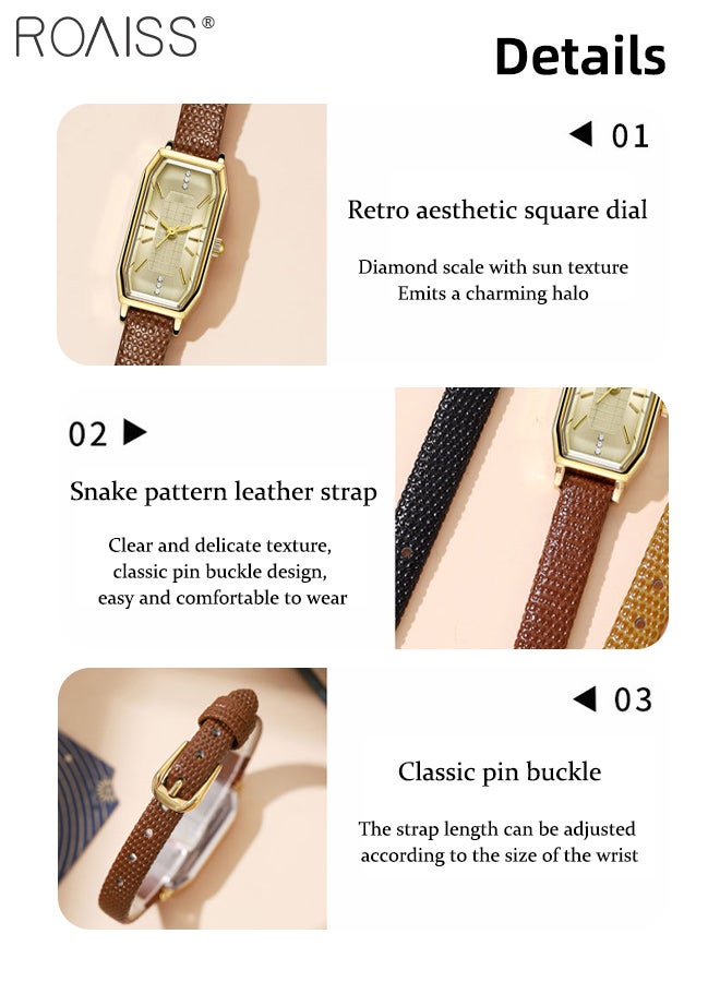 roaiss Women's Leather Strap Quartz Watch, Analog Display Rectangular Sun Texture Dial, Retro Dainty Light Luxury Waterproof Wristwatch as Gift for Women - Image 5