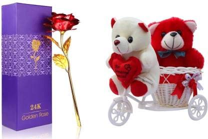 Nihan Enter[prises Nihan Enterprises Couple Combo Artificial Flower Cycle with Soft 2 Cute Teddy Gift Set for Valentine Special 26 cm 