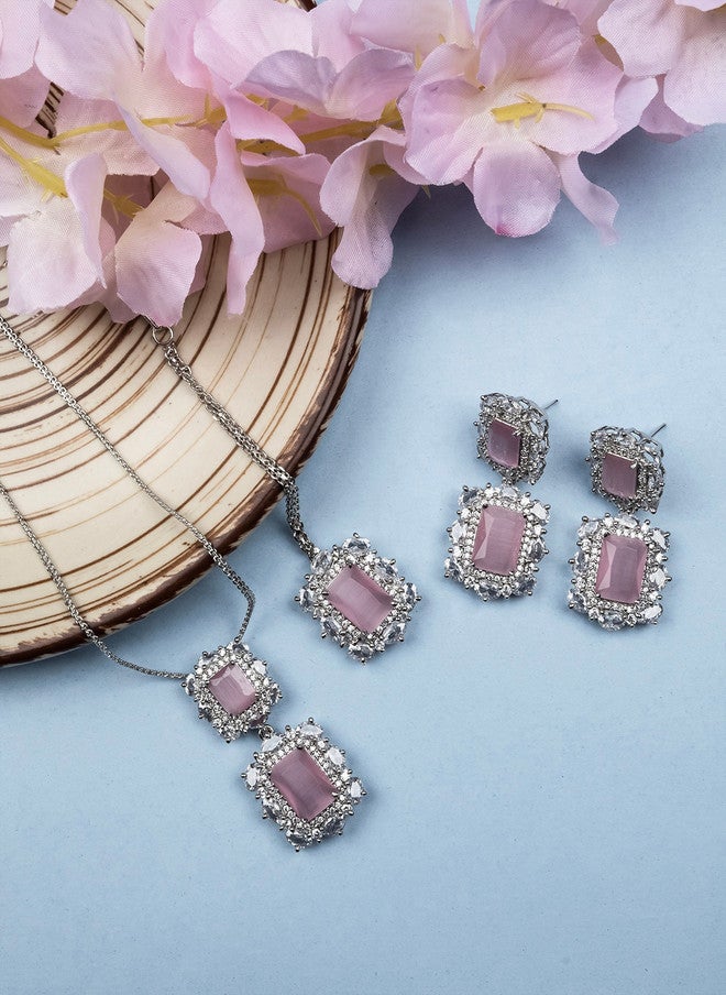 StileAdda Rhodium Plated CZ Studded Square Pendant Set with Earrings and Maangtika - Image 1