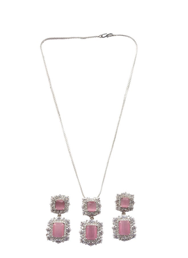 StileAdda Rhodium Plated CZ Studded Square Pendant Set with Earrings and Maangtika - Image 2