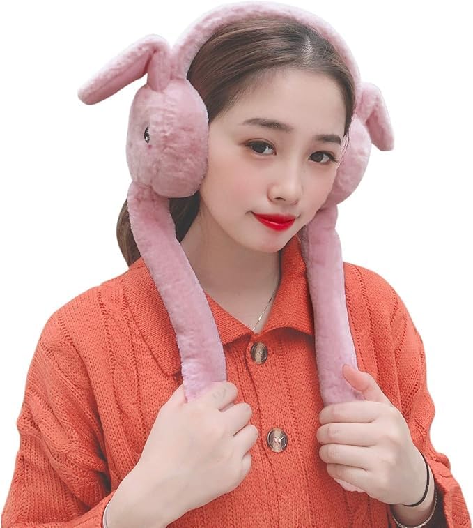 THE DDS STORE (With Blinking Light Moving Earmufuffs With Rabbit Ear In Winter Windproof Girls Ear Warmer Plush Knitted Ear Muffs Hairy Rabbit Ear (Dark-Pink) - Image 1