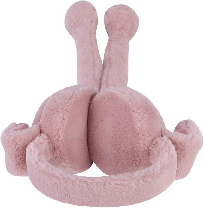THE DDS STORE (With Blinking Light Moving Earmufuffs With Rabbit Ear In Winter Windproof Girls Ear Warmer Plush Knitted Ear Muffs Hairy Rabbit Ear (Dark-Pink) - Image 3