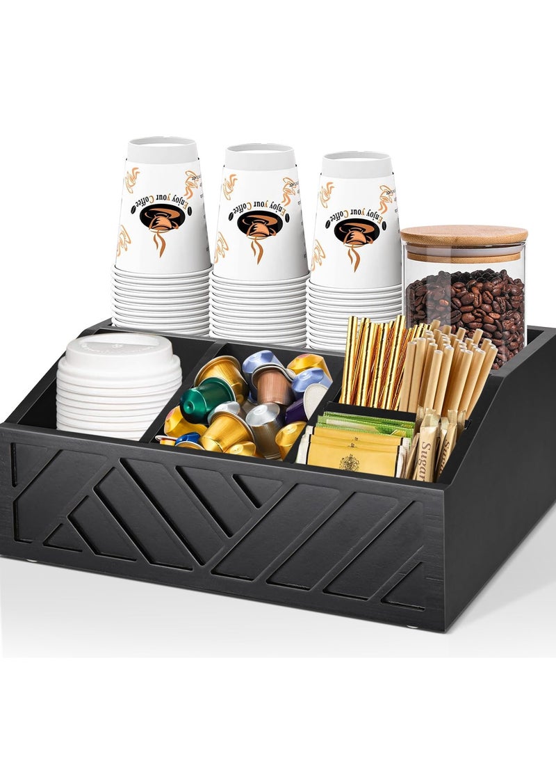 كيلا منظم بار القهوة قطعة واحدة، منظم محطة قهوة خشبي للطاولة، منظم حامل شراب كبسولات القهوة الريفية، منظم توابل بار القهوة لديكور بار القهوة (أسود) - Image 1