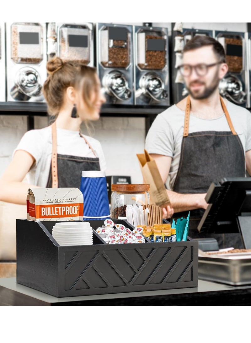 كيلا منظم بار القهوة قطعة واحدة، منظم محطة قهوة خشبي للطاولة، منظم حامل شراب كبسولات القهوة الريفية، منظم توابل بار القهوة لديكور بار القهوة (أسود) - Image 2