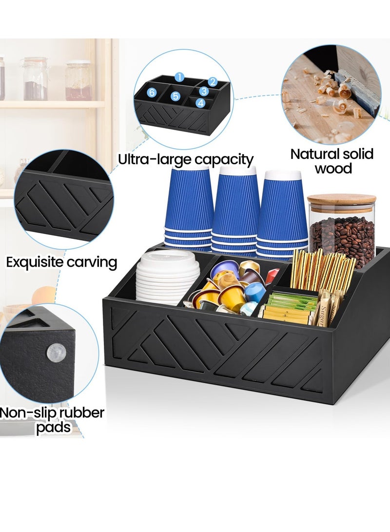 كيلا منظم بار القهوة قطعة واحدة، منظم محطة قهوة خشبي للطاولة، منظم حامل شراب كبسولات القهوة الريفية، منظم توابل بار القهوة لديكور بار القهوة (أسود) - Image 5