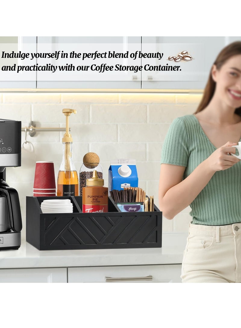 كيلا منظم بار القهوة قطعة واحدة، منظم محطة قهوة خشبي للطاولة، منظم حامل شراب كبسولات القهوة الريفية، منظم توابل بار القهوة لديكور بار القهوة (أسود) - Image 4