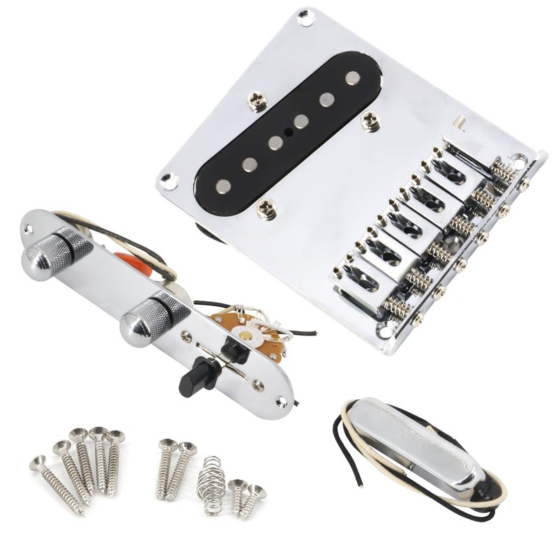 Domofa 6 Strings Saddle Bridge Plate Prewired 3 Way Switch Control Plate Neck Pickup Set for Squier Telecaster Electric Guitar Replacement Parts Chrome - Image 2