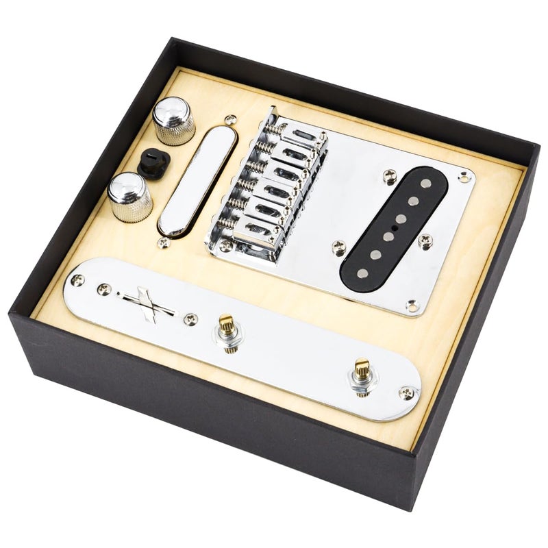 Domofa 6 Strings Saddle Bridge Plate Prewired 3 Way Switch Control Plate Neck Pickup Set for Squier Telecaster Electric Guitar Replacement Parts Chrome - Image 1