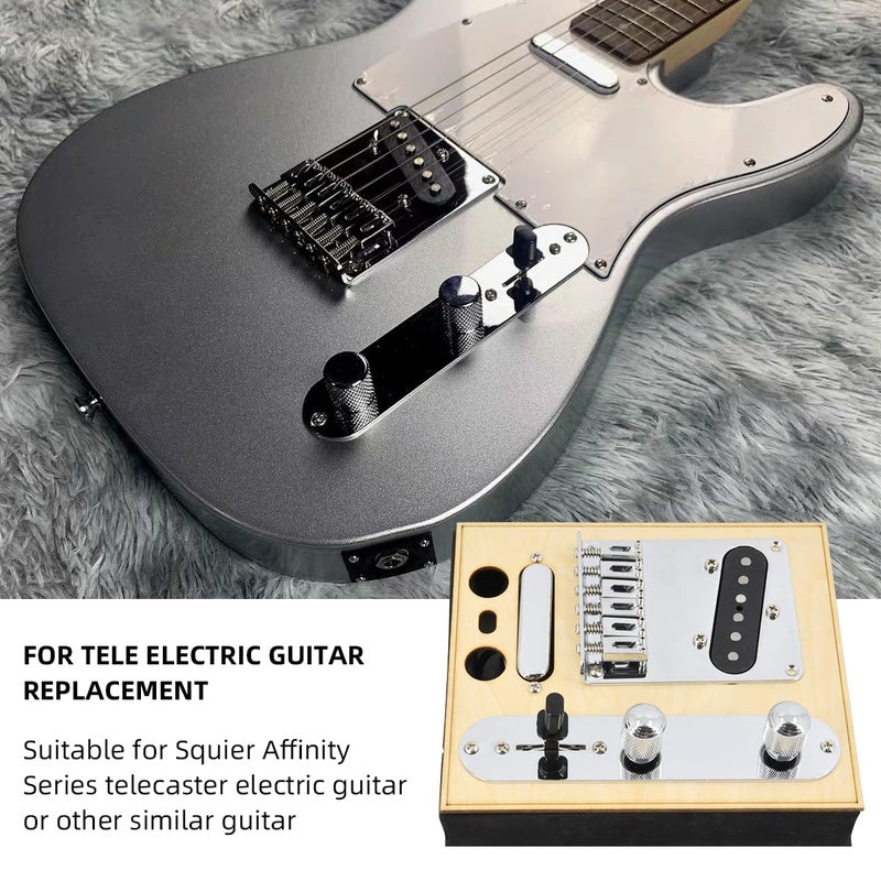 Domofa 6 Strings Saddle Bridge Plate Prewired 3 Way Switch Control Plate Neck Pickup Set for Squier Telecaster Electric Guitar Replacement Parts Chrome - Image 3