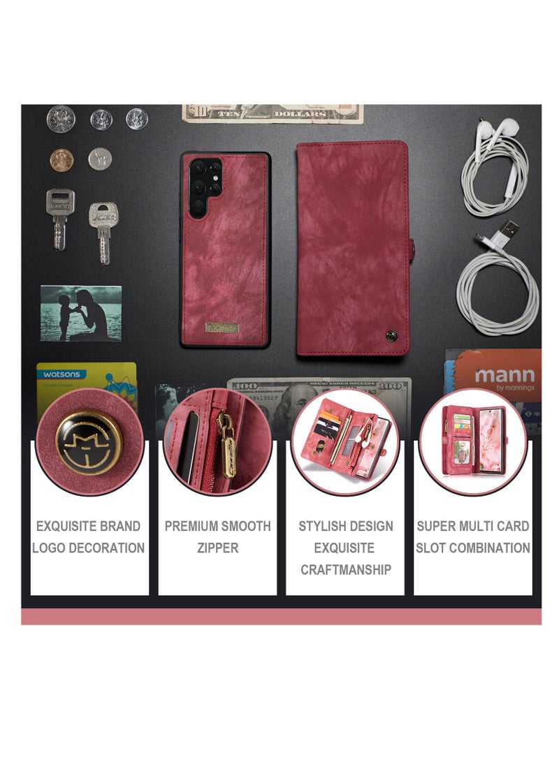 CaseMe Protective Phone Cover Case Wallet Case For Samsung Galaxy 22 Ultra, 2 in 1 Detachable Premium Leather Magnetic Zipper Pouch Wristlet Flip Phone Case (Red) - Image 4