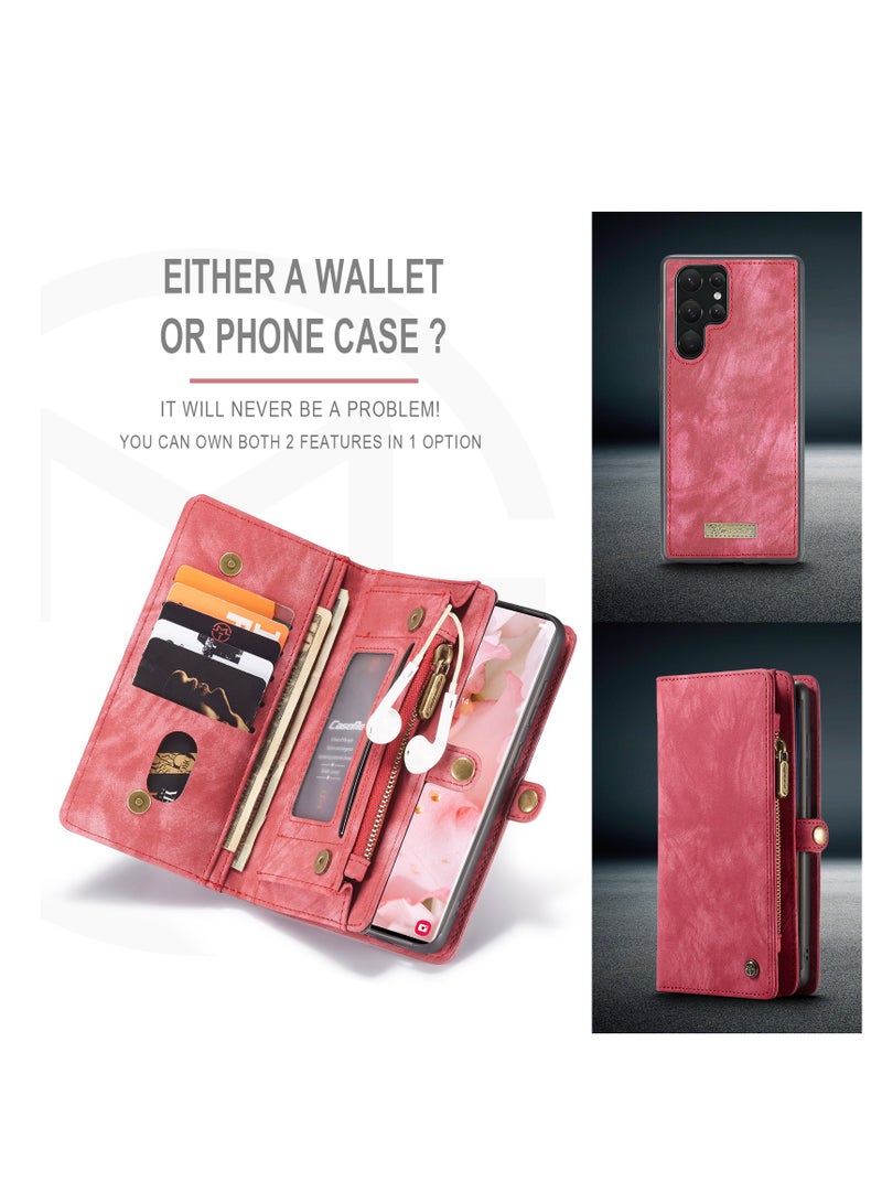 CaseMe Protective Phone Cover Case Wallet Case For Samsung Galaxy 22 Ultra, 2 in 1 Detachable Premium Leather Magnetic Zipper Pouch Wristlet Flip Phone Case (Red) - Image 5
