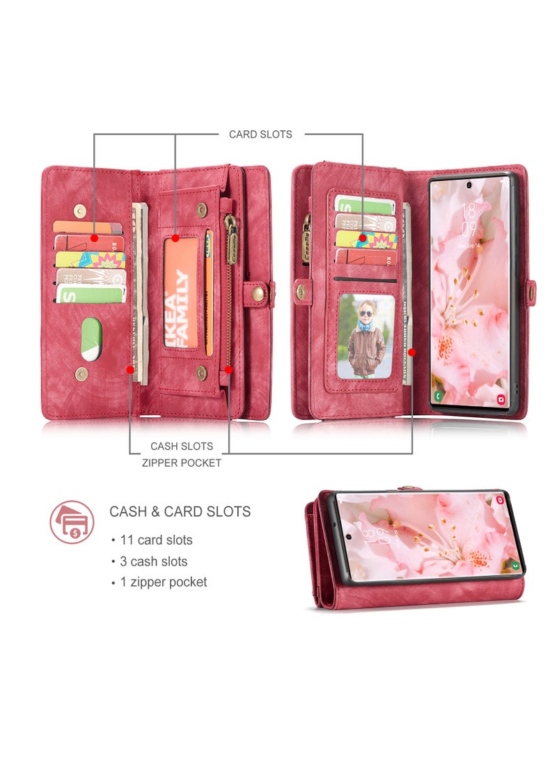 CaseMe Protective Phone Cover Case Wallet Case For Samsung Galaxy 22 Ultra, 2 in 1 Detachable Premium Leather Magnetic Zipper Pouch Wristlet Flip Phone Case (Red) - Image 3