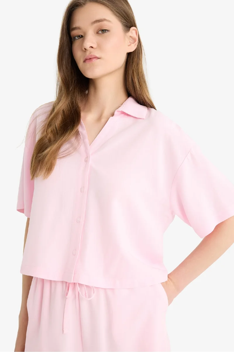 ديفاكتو Oversize Linen Blend Short Sleeve Shirt