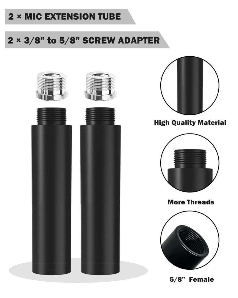 Boseen Mic Stand Extension Tube, 5/8" Female to 5/8" Male Microphone Extension Pipe Microphone Stand Extender with 2 Screw Aadpters for Desk Boom Arm Stands, 2Pcs - Image 3