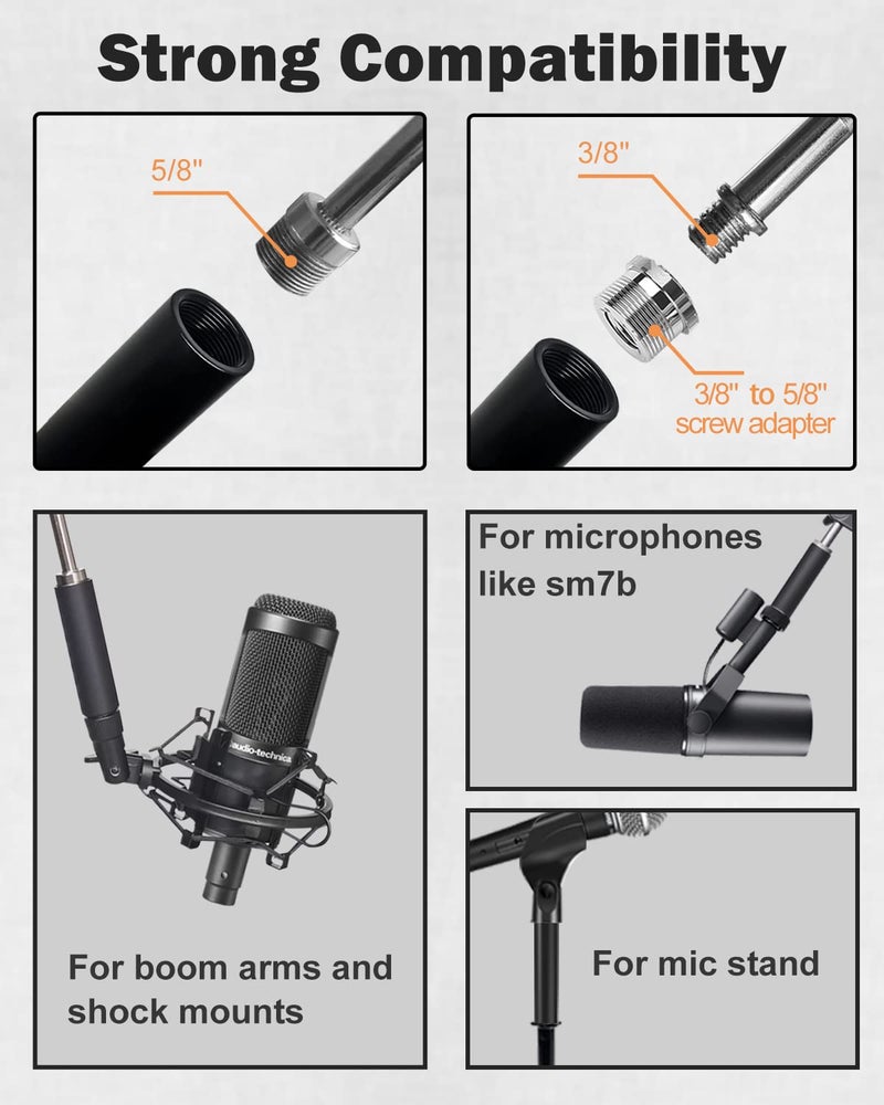 Boseen Mic Stand Extension Tube, 5/8" Female to 5/8" Male Microphone Extension Pipe Microphone Stand Extender with 2 Screw Aadpters for Desk Boom Arm Stands, 2Pcs - Image 2