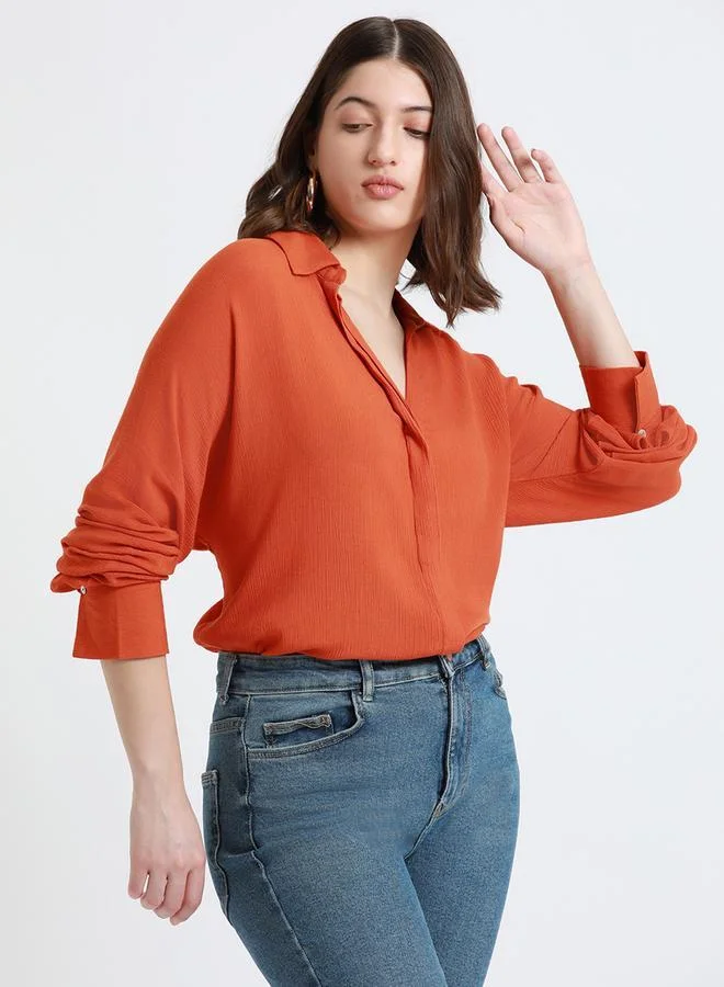 Rust Shirt for Women - Viscose Crepe, Relaxed Fit