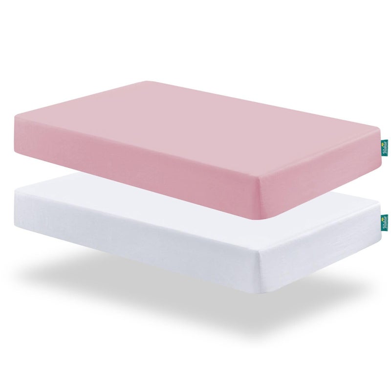 Biloban Pack and Play Sheets Fitted, 2 Pack Pack and Play Sheet Fits for Graco Pack n Play Mattress, Neutral Playard Sheets for Baby Boys and Girl, White & Pink - Image 1