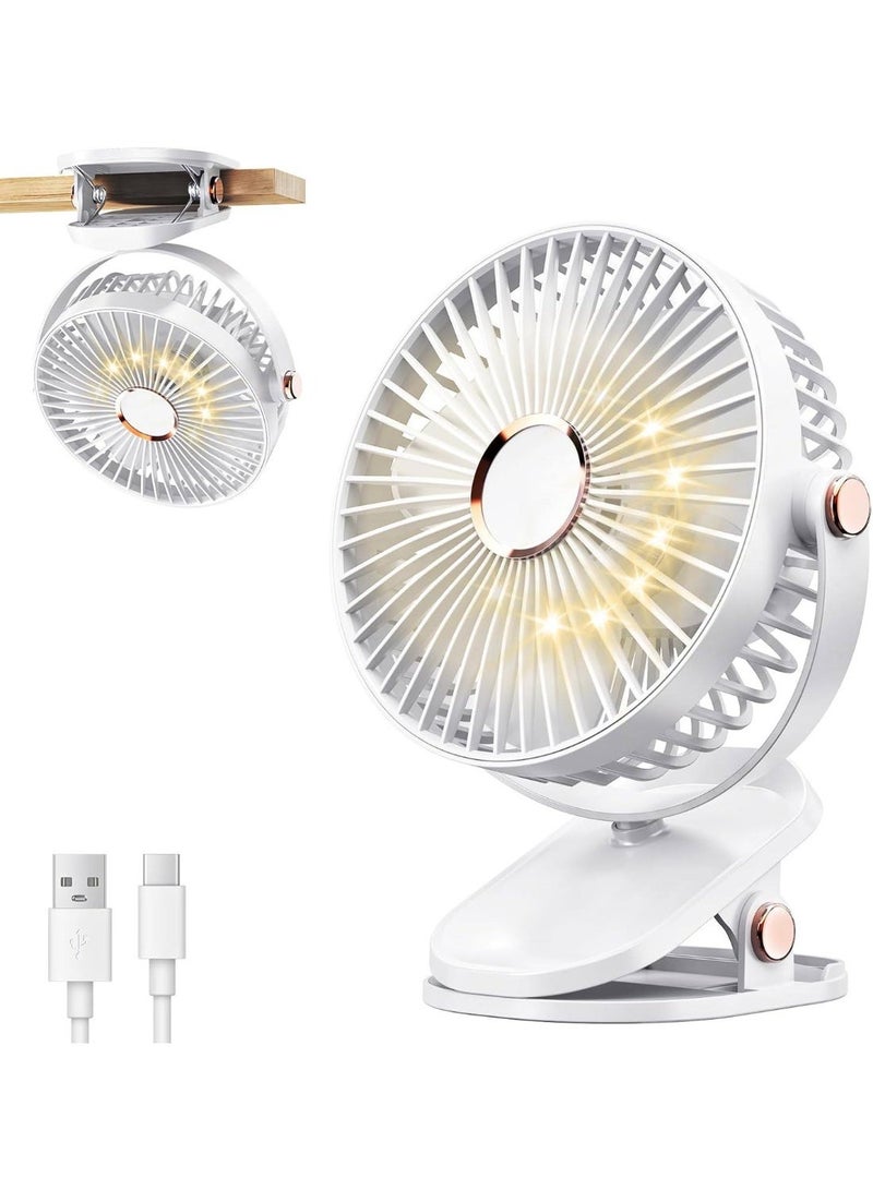 Portable USB Clip Fan with LED Lights, 5-Speed Rechargeable Mini Desk & Personal Fan, Quiet Strong Wind, Home Office Car Outdoor Travel (White) - Image 1