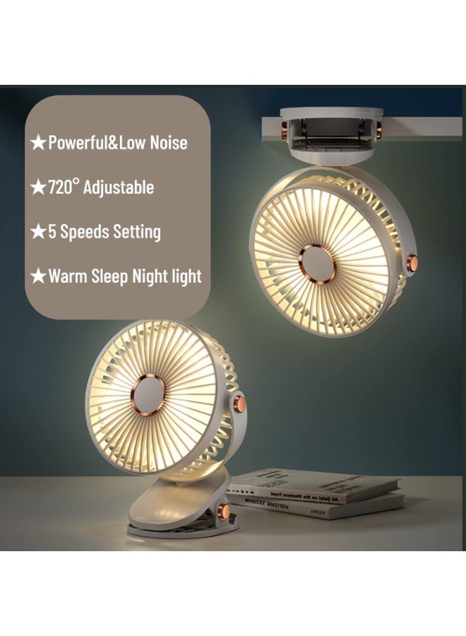 Portable USB Clip Fan with LED Lights, 5-Speed Rechargeable Mini Desk & Personal Fan, Quiet Strong Wind, Home Office Car Outdoor Travel (White) - Image 4
