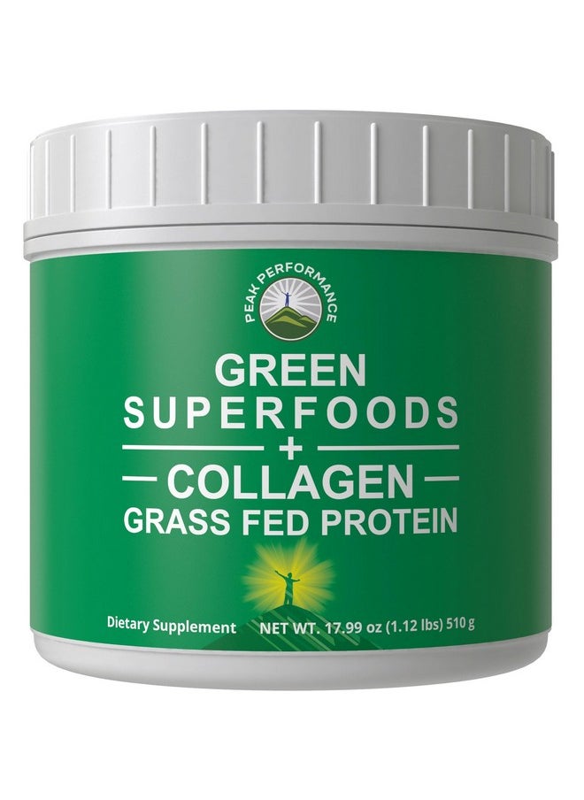 Peak Performance - Greens Superfood + Grass Fed Collagen Peptides Powder - Ultimate Blend of Best Tasting Green Superfood with Pure Pasture Raised Hydrolyzed Protein Powder for Skin Hair + Joint Health - Image 1