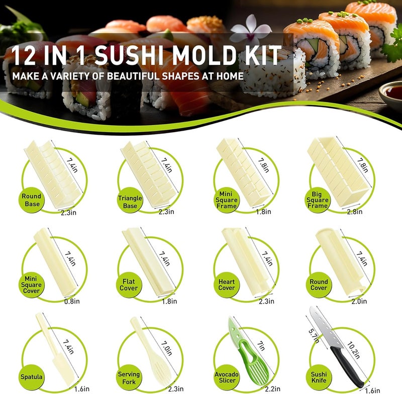 TIMDAM Sushi Making Kit, 12 Pcs Sushi Maker Kit, Sushi Molds Press with Sushi Rice Mold Shapes, Sushi Maker Roller Kit, Sushi Kit for Beginners, DIY Home Onigiri Mold Sushi Tool Kitchen Accessories - Image 2