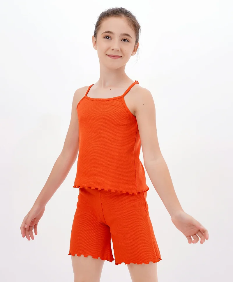 Primo Gino Primo Gino Cotton Elastane Sleeveless Top & Shorts/Co-ord Set With Lettuce Hem Finish - Burnt Orange