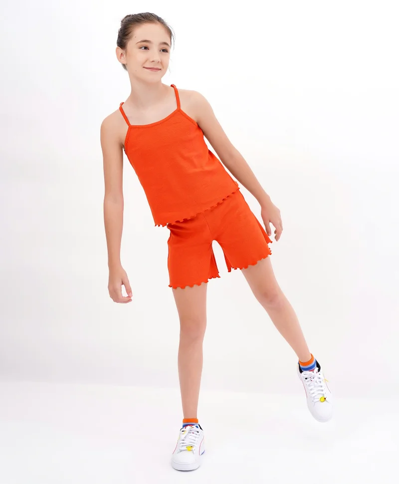 Primo Gino Primo Gino Cotton Elastane Sleeveless Top & Shorts/Co-ord Set With Lettuce Hem Finish - Burnt Orange