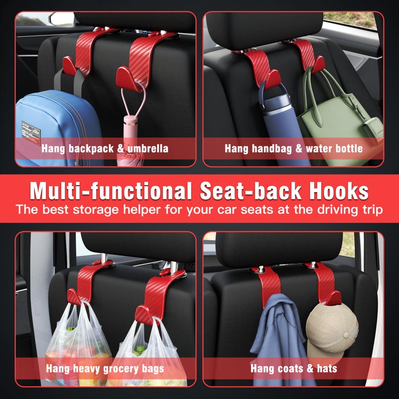 Amooca Car Seat Headrest Hook 4 Pack Hanger Universal Vehicle Car Storage Organizer for Handbag Purse Coat S Type Checkered Red - Image 4