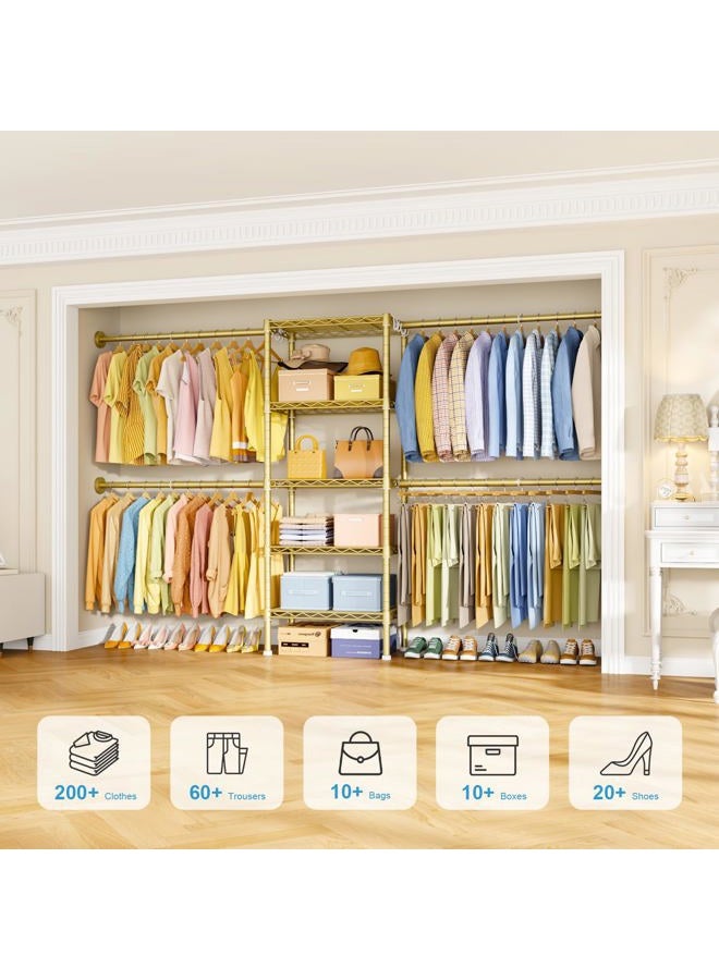 Ulif M2 Wall-Mounted Clothes Rack, Metal Closet System with 4 Expandable Hanger Rods and 5 Metal Shelves, Mount-on-Wall Clothing Storage Organizer in (70.8-102.3)" L x 14.5" D x 71.2" H, Gold - Image 4