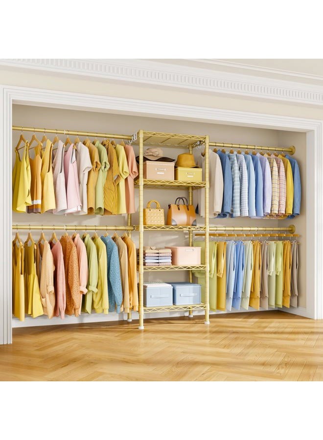 Ulif M2 Wall-Mounted Clothes Rack, Metal Closet System with 4 Expandable Hanger Rods and 5 Metal Shelves, Mount-on-Wall Clothing Storage Organizer in (70.8-102.3)" L x 14.5" D x 71.2" H, Gold - Image 1
