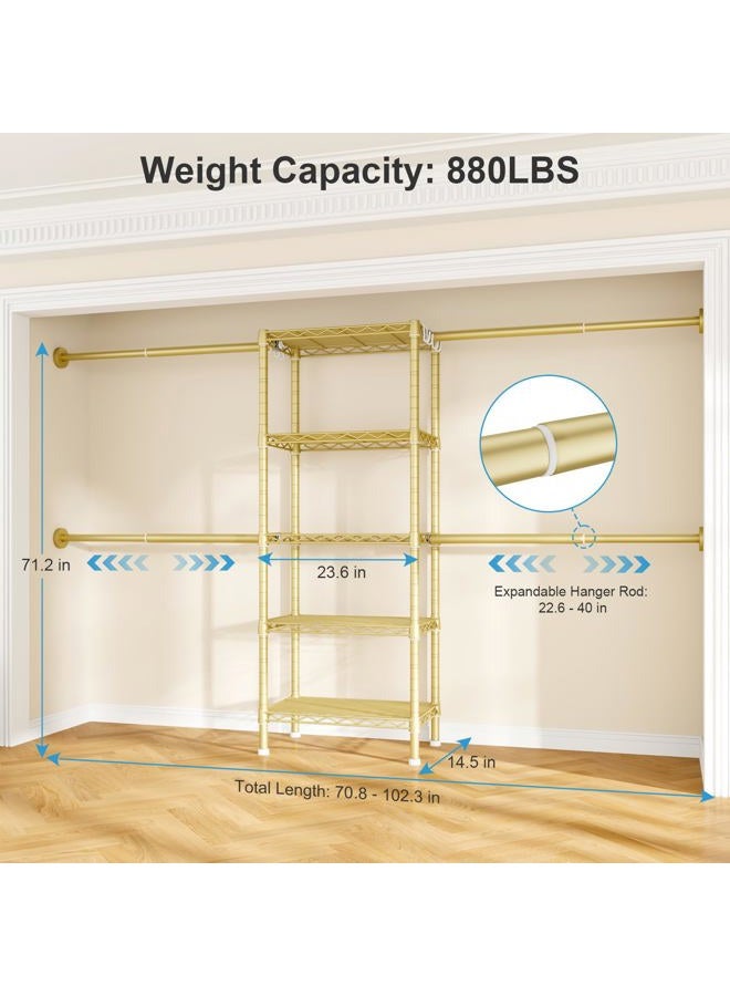 Ulif M2 Wall-Mounted Clothes Rack, Metal Closet System with 4 Expandable Hanger Rods and 5 Metal Shelves, Mount-on-Wall Clothing Storage Organizer in (70.8-102.3)" L x 14.5" D x 71.2" H, Gold - Image 2