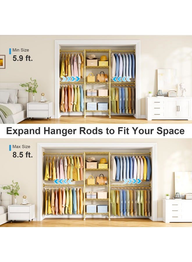 Ulif M2 Wall-Mounted Clothes Rack, Metal Closet System with 4 Expandable Hanger Rods and 5 Metal Shelves, Mount-on-Wall Clothing Storage Organizer in (70.8-102.3)" L x 14.5" D x 71.2" H, Gold - Image 3