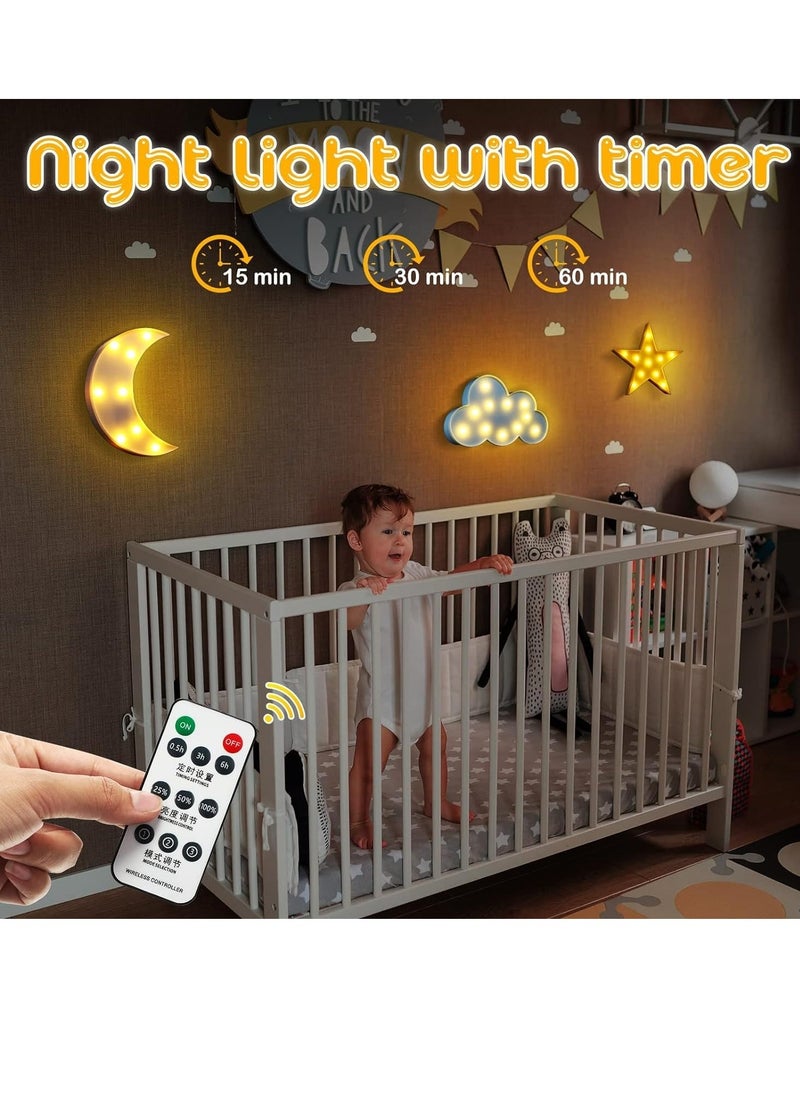 Generic - 3 Pcs Decorative Star Cloud Moon Night Lights LED Nursery Crescent Night Signs  Remote Control Moon Night Lamp Battery Operated for Baby Shower Kids Bedroom Nursery Wall Decorations - Image 1