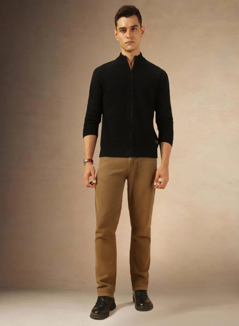 Dennis Lingo Men's Black 100% Acrylic Solid Front-Open Regular Fit Sweater