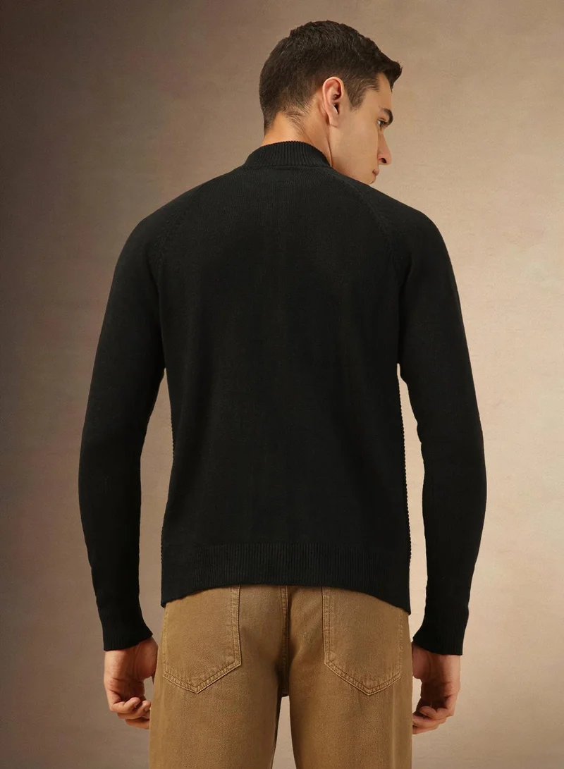 Dennis Lingo Men's Black 100% Acrylic Solid Front-Open Regular Fit Sweater