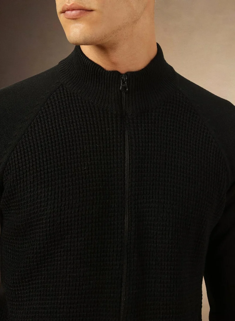 Dennis Lingo Men's Black 100% Acrylic Solid Front-Open Regular Fit Sweater