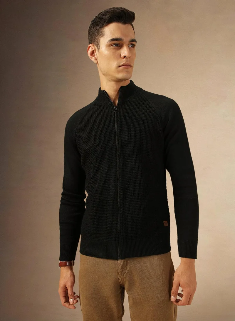 Dennis Lingo Men's Black 100% Acrylic Solid Front-Open Regular Fit Sweater