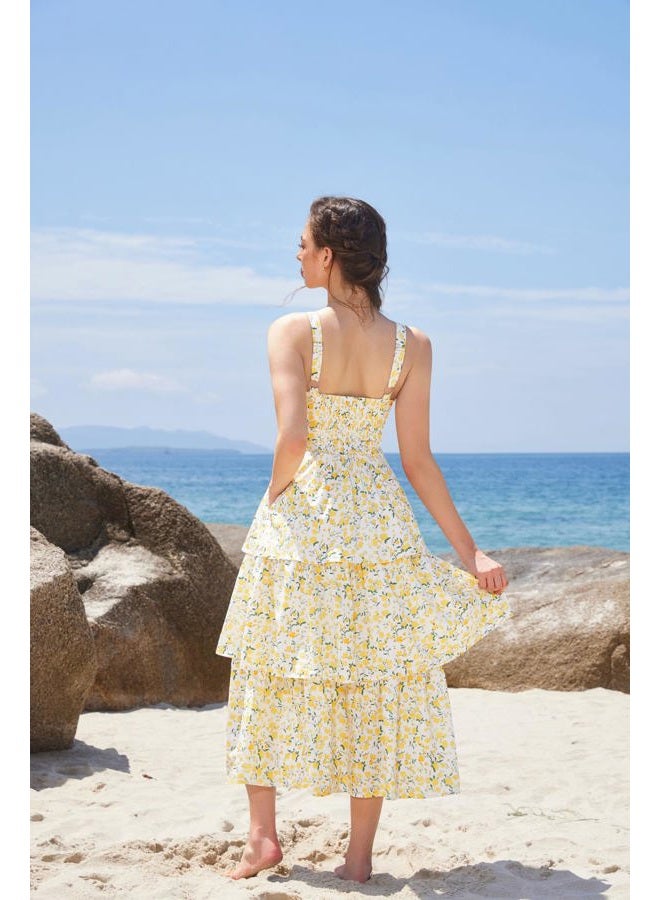 Scarlet Darkness Women's Floral Maxi Dress Summer Wedding Guest Dress Tiered Sleeveless Lace Up Corset Sundress, Yellow Flower, 12 - Image 5