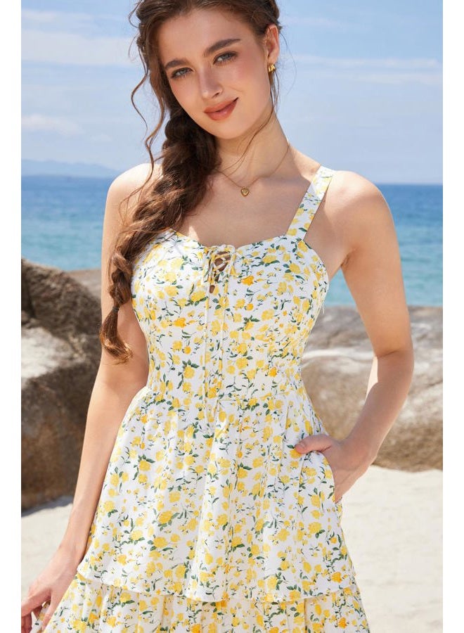 Scarlet Darkness Women's Floral Maxi Dress Summer Wedding Guest Dress Tiered Sleeveless Lace Up Corset Sundress, Yellow Flower, 12 - Image 3
