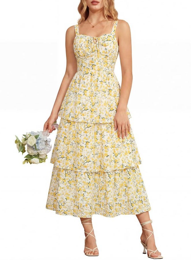 Scarlet Darkness Women's Floral Maxi Dress Summer Wedding Guest Dress Tiered Sleeveless Lace Up Corset Sundress, Yellow Flower, 12 - Image 1