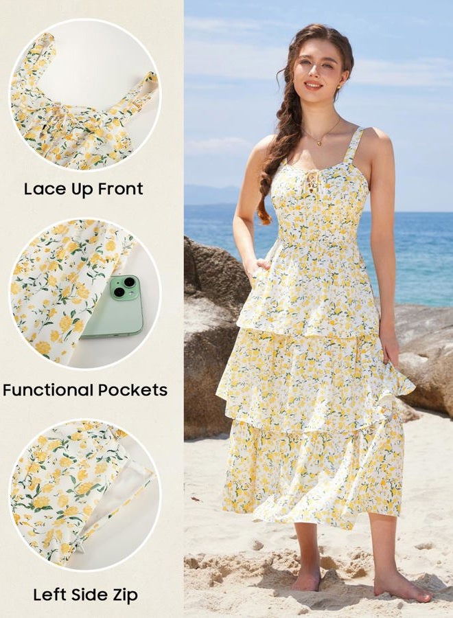 Scarlet Darkness Women's Floral Maxi Dress Summer Wedding Guest Dress Tiered Sleeveless Lace Up Corset Sundress, Yellow Flower, 12 - Image 4